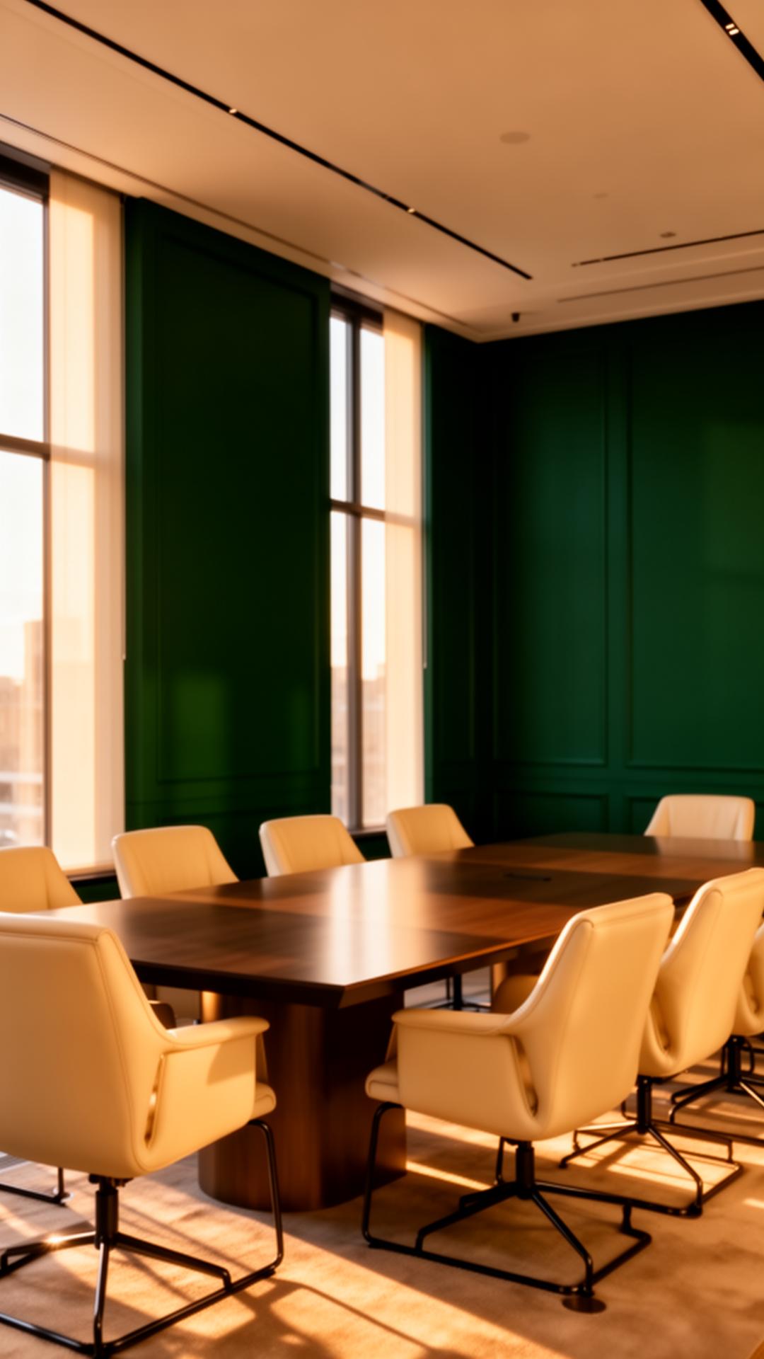 Empty boardroom in forest green and warm cream