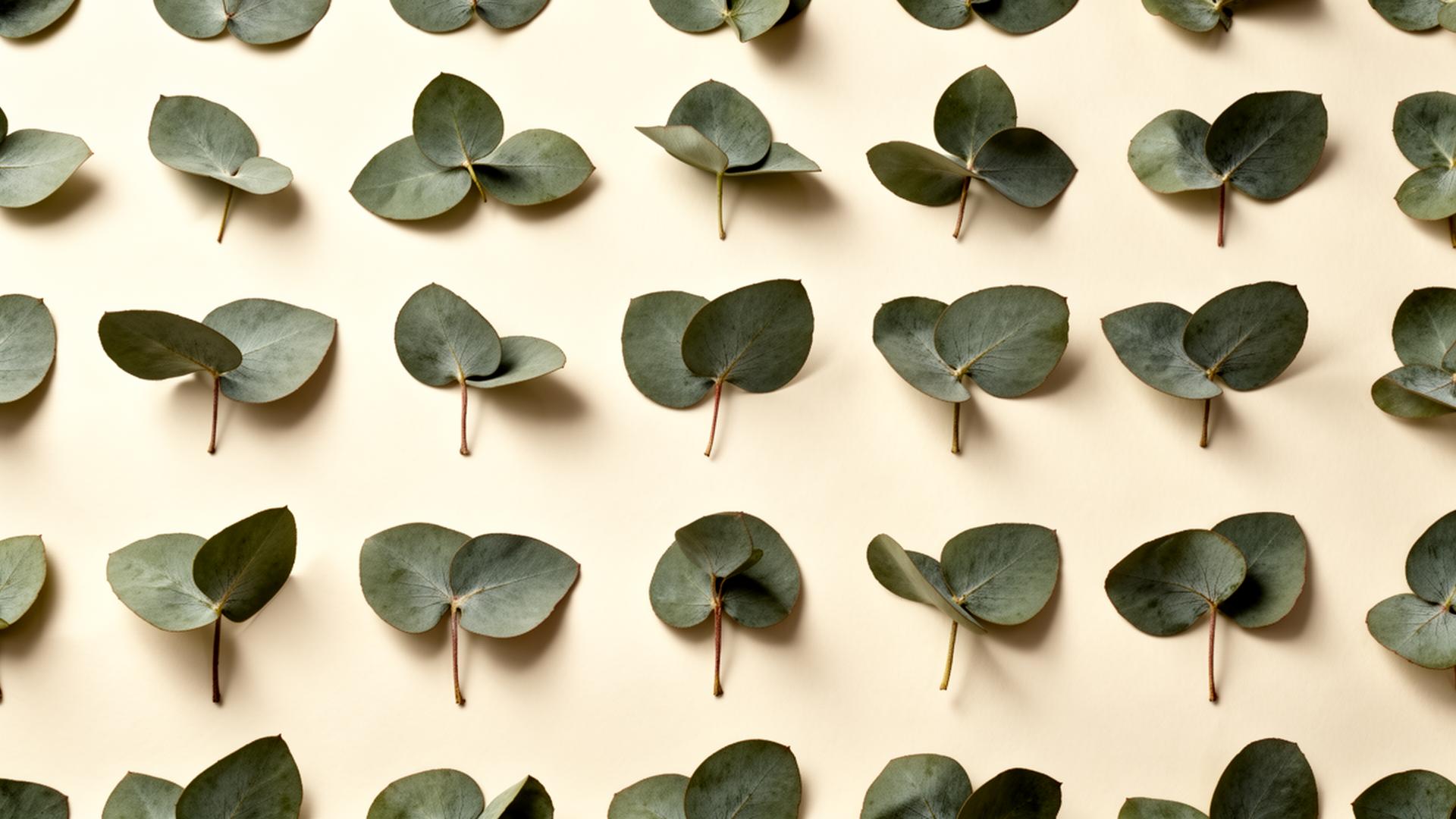 Eucalyptus leaves arranged in a precise grid